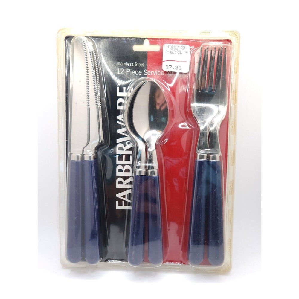 NIP Farberware 12 Pc Flatware Set Navy Blue Handles Stainless Service for 4 VTG